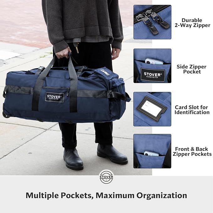 STOVER 80L Rolling Duffel Bag with Wheels, Large Durable Travel Duffle + Toiletry Bag, Heavy Duty, Packable, Foldable with Shoulder Straps- Use as Luggage or Backpack, Men/Women (Navy Blue)