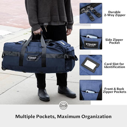 STOVER 80L Rolling Duffel Bag with Wheels, Large Durable Travel Duffle + Toiletry Bag, Heavy Duty, Packable, Foldable with Shoulder Straps- Use as Luggage or Backpack, Men/Women (Navy Blue)