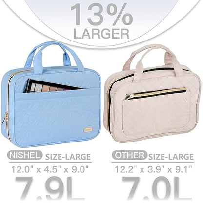 NISHEL Travel Toiletry Bag for women, Portable Hanging Organizer for Full-Sized Shampoo, Conditioner, Brushes Set, Makeup Accessories, Large Size, Placid-Blue