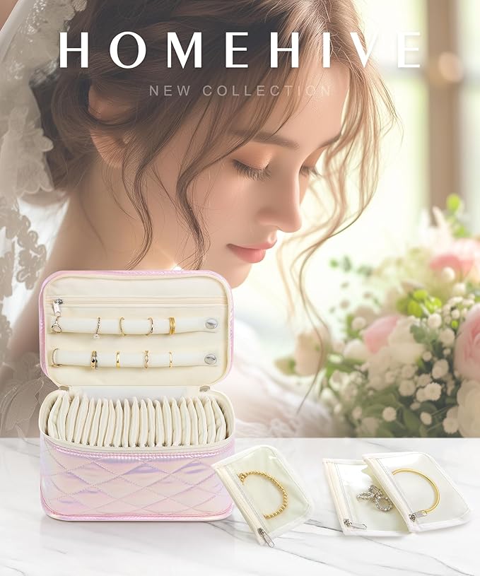 Large Travel Jewelry Organizer Box with 20 Clear Velvet Bags, Anti-Tangle & Anti-Oxidation Jewelry Case for Rings, Earrings, Necklaces & Bracelets – Quilted Pink Design, Gift for Women & Girls, Pink