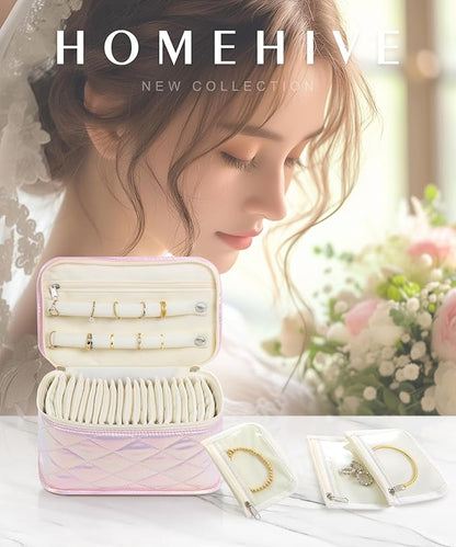 Large Travel Jewelry Organizer Box with 20 Clear Velvet Bags, Anti-Tangle & Anti-Oxidation Jewelry Case for Rings, Earrings, Necklaces & Bracelets – Quilted Pink Design, Gift for Women & Girls, Pink