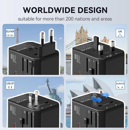 Unidapt Universal Travel Adapter, 70W International Plug Adapter with 3 USB-C PD Fast Charging & 2 USB-A Quick Charger Worldwide Adaptor for USA EU UK AUS Black (JY305-MAX)