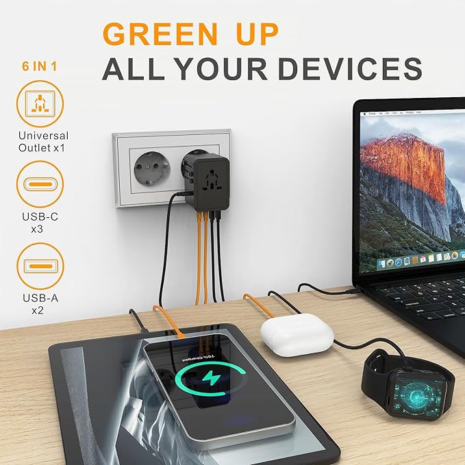 Universal Travel Adapter Worldwide- 35W GaN III/PD Fast Charge European Travel Plug Adapter with 3 USB-C& 2 USB-A Ports, International Power Adapter for US to Europe UK AUS Japan(Type C/G/A/I) (black)