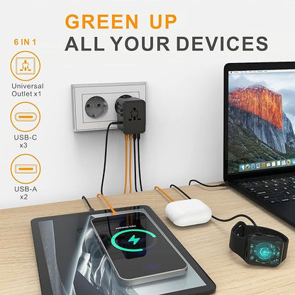 Universal Travel Adapter Worldwide- 35W GaN III/PD Fast Charge European Travel Plug Adapter with 3 USB-C& 2 USB-A Ports, International Power Adapter for US to Europe UK AUS Japan(Type C/G/A/I) (black)