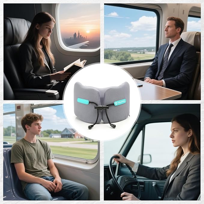 GOLDORANGE Travel Pillow Upgraded Airplane Neck Pillows Chin Support Adjustable Memory Foam Travel Essentials for Car Home Office Headrest Sleep with with Eye Masks Earplugs and Luxury Bag, Gray-Blue