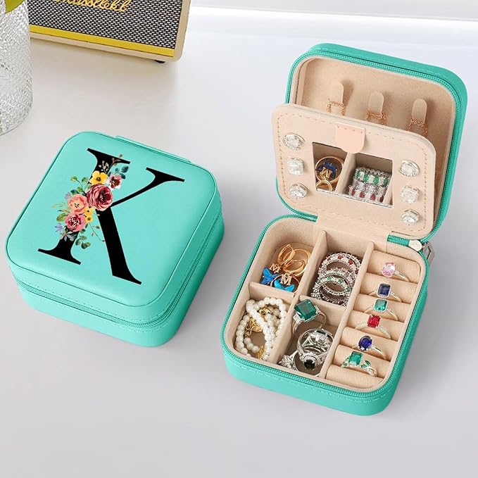 Parima Gifts for Women - Personalized Birthday Gifts for Woman, Initial Travel Jewelry Case Jewelry Box for Women - Letter K, Blue
