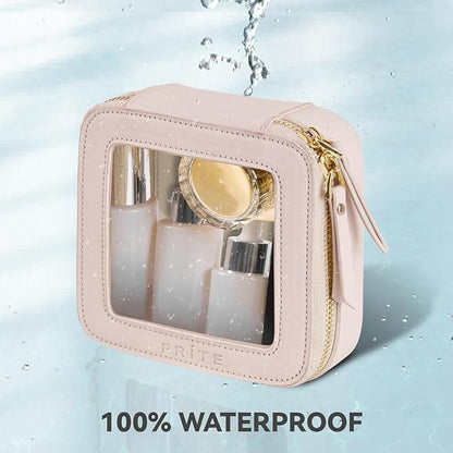 Prite Small Makeup Bag for Women Portable Clear Makeup Bag Cute Mini Waterproof Travel Cosmetic Bag with Gold Zipper for Car Essentials(Pearlescent Pink)