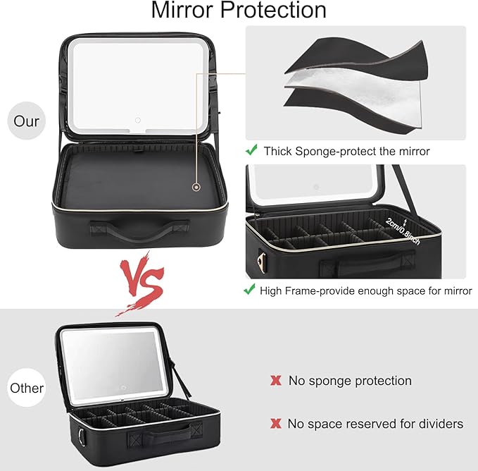 Relavel Makeup Bag with LED Mirror, Large Capacity Travel Cosmetic Organizer with Adjustable Compartments, Brush Holder & Detachable Strap, Black Storage Box for Makeup Artists