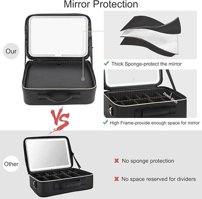 Relavel Makeup Bag with LED Mirror, Large Capacity Travel Cosmetic Organizer with Adjustable Compartments, Brush Holder & Detachable Strap, Black Storage Box for Makeup Artists