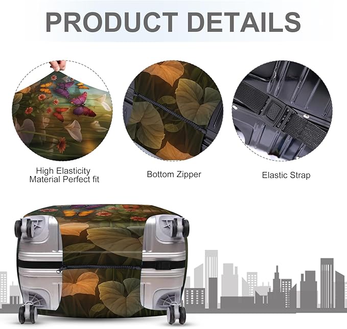 ANNA QUEEN Butterfly Garden Luggage Cover, Colorful Butterfly and Flower Suitcase Protector, Stretchable Washable Travel Sleeve for 24-26 Inch Luggage