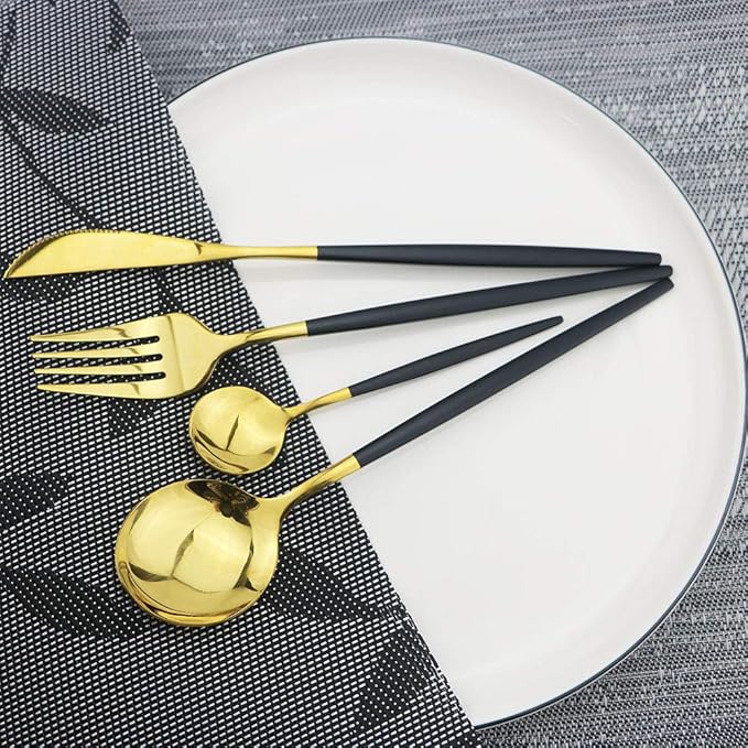 JASHII Black GoldSilverware Set, 20-Piece Stainless Steel Flatware With Satin Finish, Kitchen Utensils, Mirror Polished Tableware Cutlery for Home and Restaurant, Dishwasher Safe
