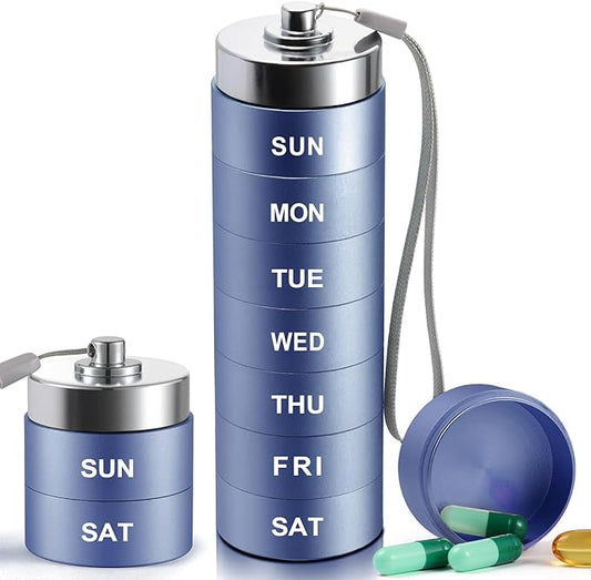 Metal Weekly Pill Organizer, Large Travel Pill Box, Portable Aluminum Alloy Waterproof Container, 7 Day Daily Medicine Organizer Holder for Vitamin, Fish Oil, Supplement, Dark Blue