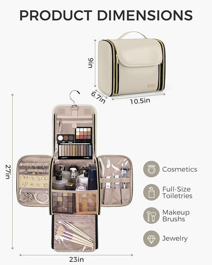 Hanging Toiletry Bag, PU Leather Makeup Bag Large Capacity with Jewelry Organizer for Brushes Set, Cosmetic Accessories, Beige