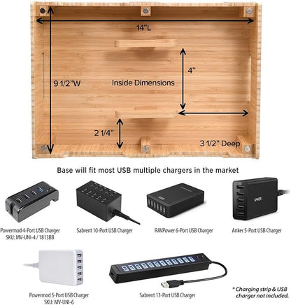 MobileVision Bamboo 12-Port Charging Station & Docking Organizer for Smartphones & Tablets, Family-Sized, for use in Corporate Offices & Classrooms (With 2 Bamboo Caddy Add Ons Included)