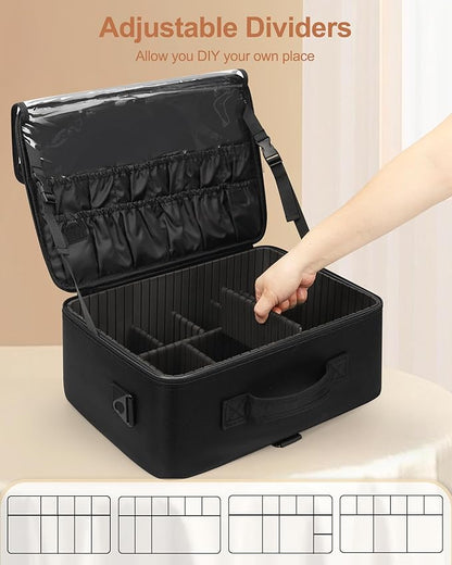 Relavel Large Makeup Bag with 3 Removable Pouches, Travel Train Case Cosmetic Organizer Carrying Box for Makeup Artists Hairstylist with Adjustable Dividers, Brush Holder and Shoulder Strap, Black