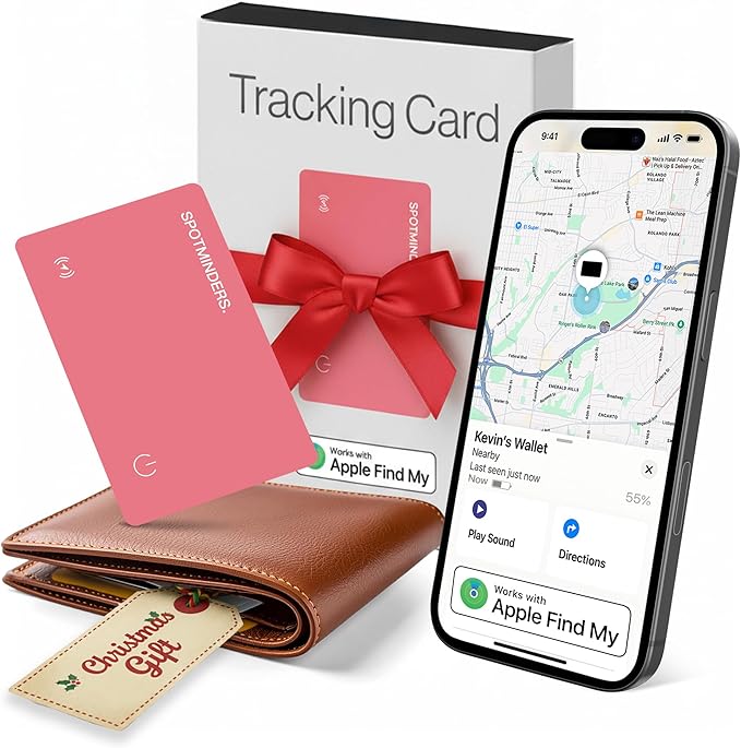 SPOTMINDERS Apple MFi Certified Wallet Tracker for Christmas Stocking Stuffers - Gifts for Women Works With Apple Find My IP68 Rechargeable Slim Tracking Card for iOS - White Elephant Gifts for Adults