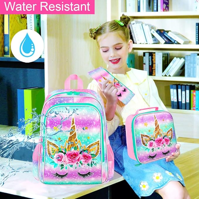 WZLVO 3PCS Unicorn Backpack for Girls, 16" Kids Preschool Bookbag with Lunch Box，Water Resistant School Backpacks Set for Elementary Kindergarten