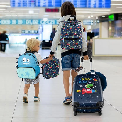Goplus 5 Piece Kid’s Luggage Set, 16” Carry on Suitcase w/13” Backpack, Neck Pillow, Hardside Spinner Toddler Luggage, Travel Rolling Suitcase for Boys Girls Gifts (Navy, Space Dino)