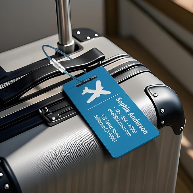4 Personalized Metal Luggage Tags, Laser Engrave Name and Logo, Custom Aluminum Suitcase Tags with Steel Ring, for Travel, Backpack, Baggage (Blue)