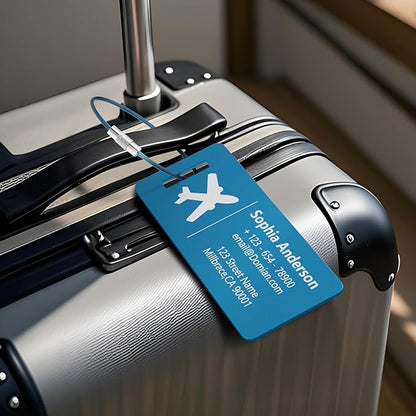 4 Personalized Metal Luggage Tags, Laser Engrave Name and Logo, Custom Aluminum Suitcase Tags with Steel Ring, for Travel, Backpack, Baggage (Blue)