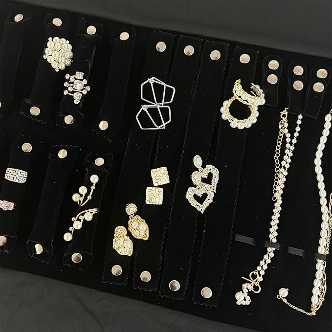 UnionPlus Velvet Jewelry Case Roll Bag for Necklace Bracelet Earrings Rings Multi-compartments, Great Jewelry Organizer for Travel, Black