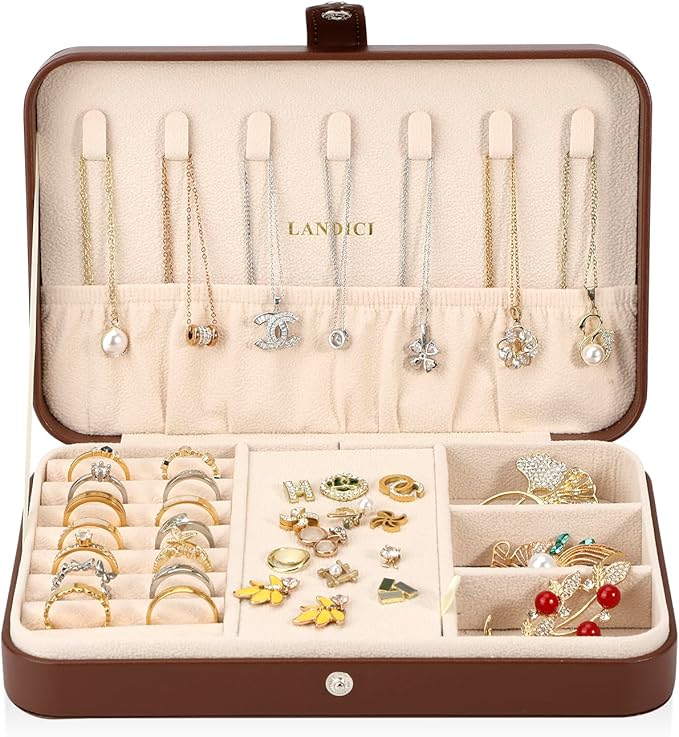 LANDICI Small Jewelry Box for Women Girls, PU Leather Travel Jewelry Case, Portable Jewelry Organizer Storage Holder Display for Ring Earrings Necklace Bracelet Bangle Men Kids Gift, Coffee