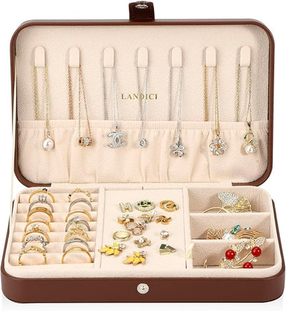 LANDICI Small Jewelry Box for Women Girls, PU Leather Travel Jewelry Case, Portable Jewelry Organizer Storage Holder Display for Ring Earrings Necklace Bracelet Bangle Men Kids Gift, Coffee