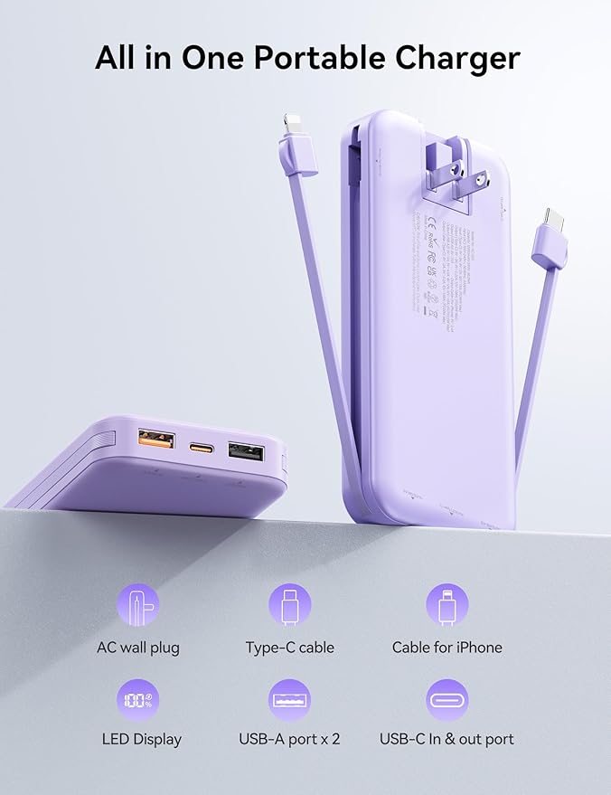 12000mAh Ultra-Portable-Charger-Power-Bank with Built in Cables&AC Wall Plug,PD20W USB-C Fast Charging Cell Phone Charger Battery Pack,LED Display Travel Battery Bank for All iPhone,Samsung,Android