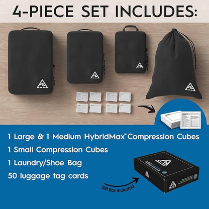 4-Piece Luxury Compression Packing Cubes & Bags for Travel – Maximize Space in Luggage with HybridMax Double-Capacity Design, 50 Luggage Tags, Patented Suitcase Organizer Bags, Lifetime Satisfaction