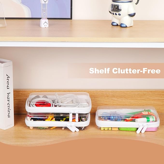 3PCS Clear Hard Shell Zipper Case,Toy Organizers and Storage Box,Clear Toiletry Cosmetic Case,Travel Makeup Bags, Diaper Bag Organizer,Pencil Case,Stackable Portable Transparent Zipper Pouches White-S