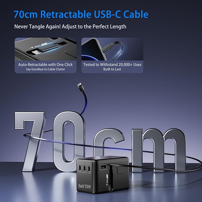 70W GaN Universal Travel Adapter, 6-in-1 International Power Adapter for US/EU/UK/AUS & 200+ Countries, European Travel Plug Adapter with Built-in USB-C Cable & 4-Ports for Laptop, Phone