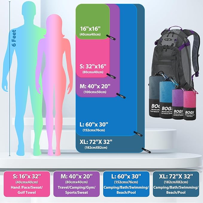 BOGI Microfiber Travel Sports Towel-Quick Dry Towel, Soft Lightweight Microfiber Camping Towel Absorbent Compact for Camping Gym Yoga Swimming Backpacking (L:60''x30''+16''x16''-Black)