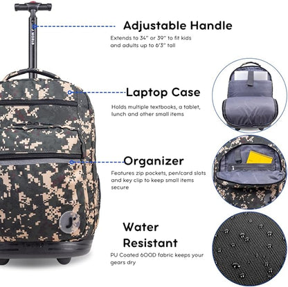J World Sundance Laptop Rolling Backpack for Girls Boys. Roller Bookbag with Wheels, Green Camo