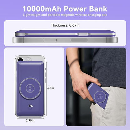 Magnetic 10000mAh Portable Charger for iWatch & iPhone, 22.5W USB C Fast Charging Wireless Power Bank Built-in Cables and Wall Plug, External Travel Battery Pack Compatible with iOS Android Devices