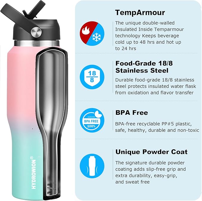 HYDROWION Vacuum Insulated Water Bottle, 40 oz Water Bottle fits in Car Cup Holder (Cold 48 hrs, Hot 24 hrs),Insulated Drinking Bottle with Straw Lid, Spout Lid and Flex Cap, Leakproof Travel Thermos