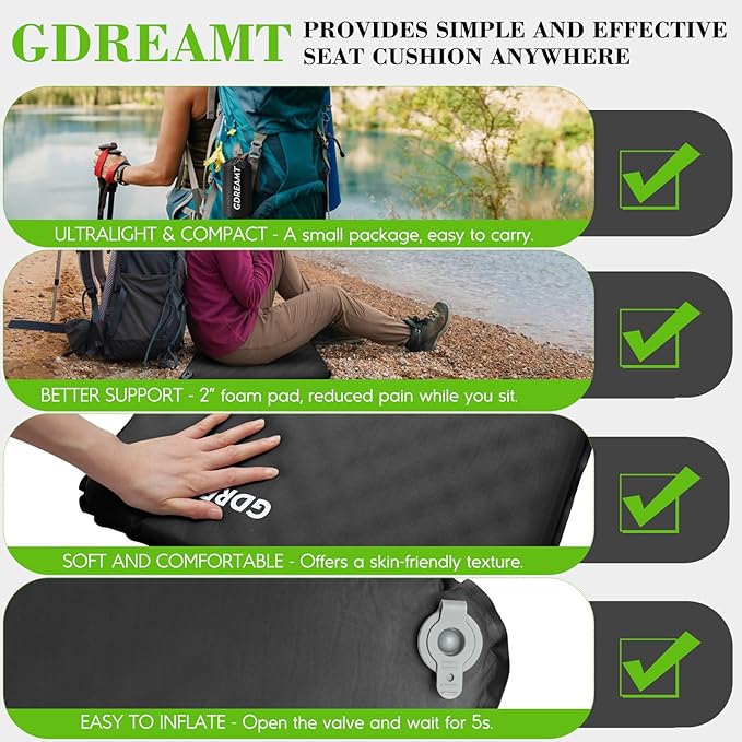 Inflatable Seat Cushion, Self-Inflating Memory Foam Stadium Seats Cushion Portable Camping Air-Foam Sitting Pad for Travel Airplane Car Bleachers Backpacking Office, Lightweight & Compact