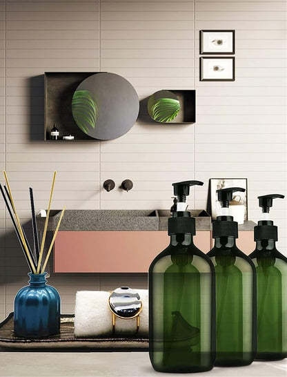 Empty Plastic Bottles with Pump Dispenser and Labels Included, Refillable Travel Containers for Hand sanitizer Shampoo Lotion, etc - No BPA/Parabenf, 500ml/16.9oz (Green, 3 Pack)