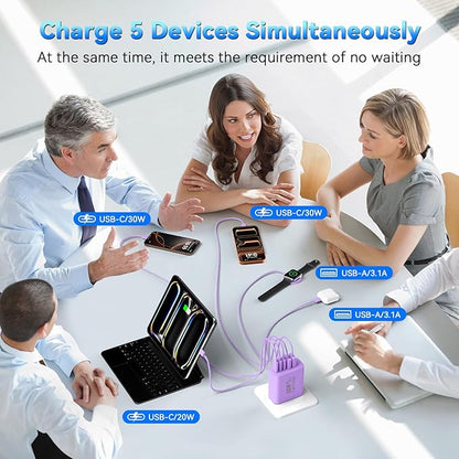 USB C Fast Charger Block, 60W 5-Port USB C Wall Charging Blocks, Type C Chargers Fast Charging Brick, 3USB C+2USB A PD&QC3.0 Multiport Charger Plug for Phone 17/16/15/14/13 Pro Max, White+Purple