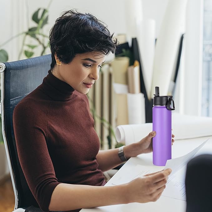 Volhoply 24oz Insulated Water Bottle With Straw Bulk 6 Pack,Metal Wide Mouth Water Bottles With Handle Lid Keep Cold,Reusable Double Wall Cups,Powder Coated Sport Bottle For Holder(Purple,6 Count)