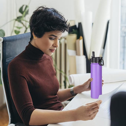 Volhoply 24oz Insulated Water Bottle With Straw Bulk 6 Pack,Metal Wide Mouth Water Bottles With Handle Lid Keep Cold,Reusable Double Wall Cups,Powder Coated Sport Bottle For Holder(Purple,6 Count)