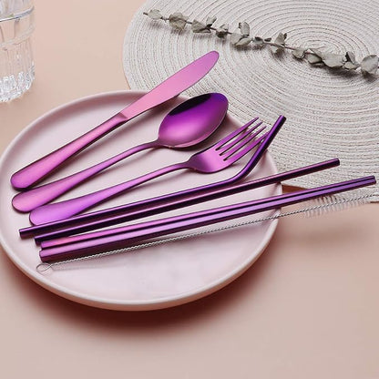 8-Piece Portable Stainless Steel Flatware Set, Travel Camping Cutlery Set with Purple Waterproof Case