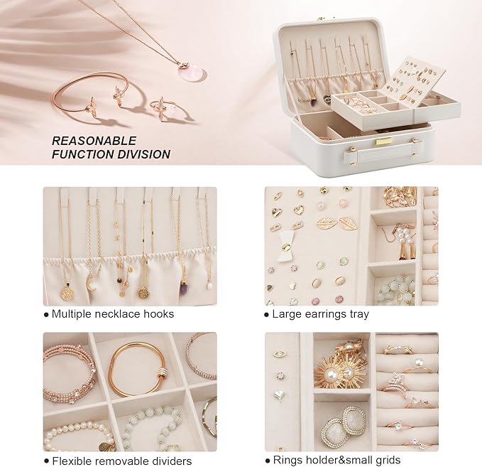 White Jewelry Box - Large Travel Jewelry Case Organizer, 2 Layer Holder, Women's Watch Case