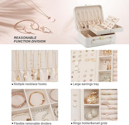 White Jewelry Box - Large Travel Jewelry Case Organizer, 2 Layer Holder, Women's Watch Case