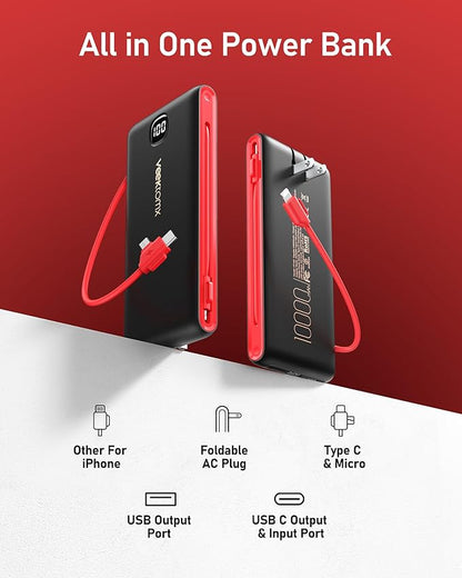 VEEKTOMX Portable Charger with Built in Cables 10000mAh, Power Bank for iPhone with AC Wall Plug, Fast Charging USB C Slim Battery Pack with LED Display Compatible with iPhone 17/16/15/14, Samsung