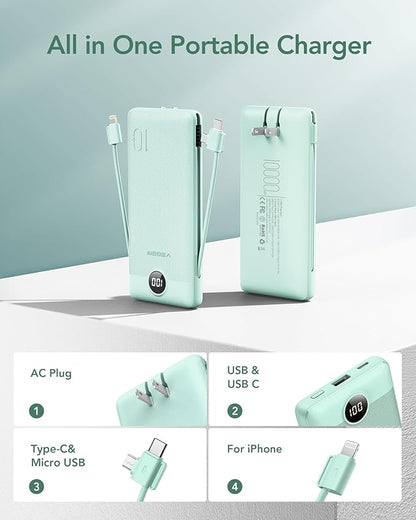 VEGER Portable Charger with Built-in AC Plug and Cables, All in One 10000mAh Ultra Slim Power Bank Travel Essentials, 15W Fast Charging Battery Pack Compatible with iPhone, Samsung, Android (Green)