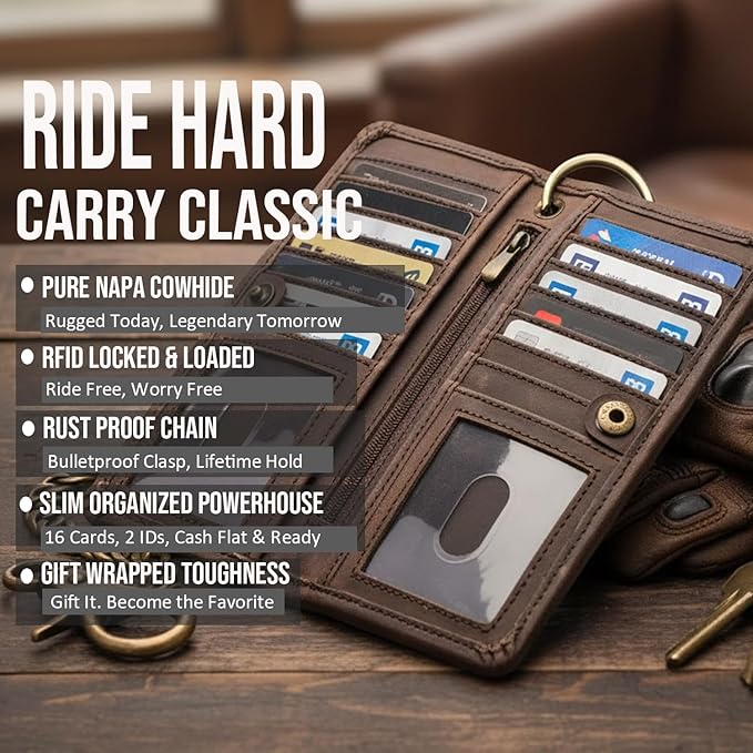 CLASSIC Motorcycle Chain Wallet for Men – Premium Cowhide Leather, RFID Bi-Fold Biker Wallet with Heavy Duty ChainBikers Truckers & Hunters, Credit Card Money Organizer Long Wallet Crazy Horse Brown