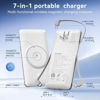 Magnetic 10000mAh Portable Charger for iWatch & iPhone, 22.5W USB C Fast Charging Wireless Power Bank Built-in Cables and Wall Plug, External Travel Battery Pack Compatible with iOS Android Devices