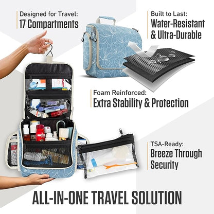 VENTURE 4TH Hanging Travel Toiletry Bag for Women & Men - Travel Organizer with Expandable Compartments & Removable Clear Pouch for Toiletries (Blue Flowers)