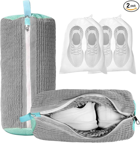 Shoe Washing Machine Bag, 2-Pack Reusable Shoe Bag for Washing Machine, 360° Deep Clean for Sneaker, Running Shoes,Bras, Delicates and Toys, Includes 2 Shoe Storage Dust Bags（Grey)