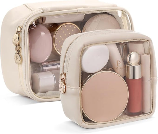Pocmimut Mini Makeup Bag with Small Cosmetic Bag Travel Essentials Organizers,TSA Approved Toiletry Bag Makeup Pouch Clear Cosmetic Bags for Women,Beige